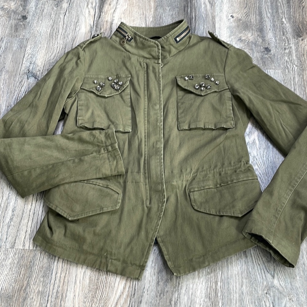 Celebrity Pink Olive Green Utility Jacket with Rhinestone Pockets, size medium